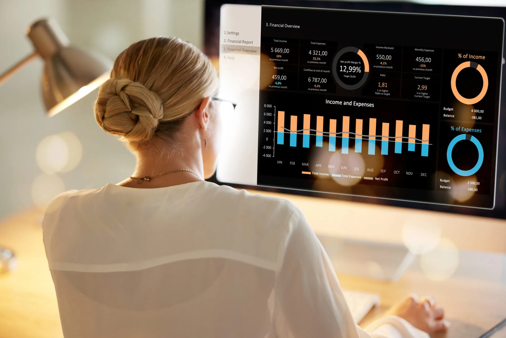 business woman screen computer data analytics night office financial planning company budget startup accounting chart graph infographic technology finance worker evening
