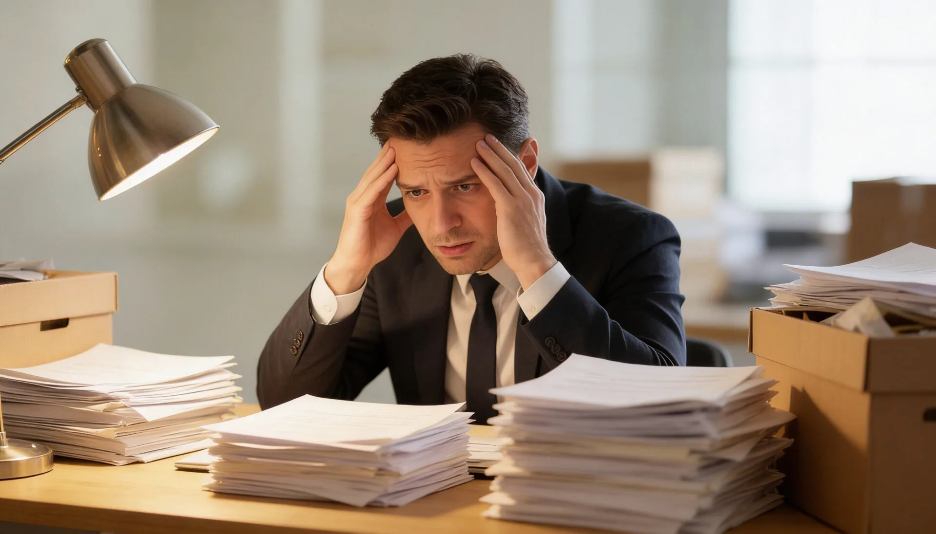 man at desk overwhelmed by stacks of paper